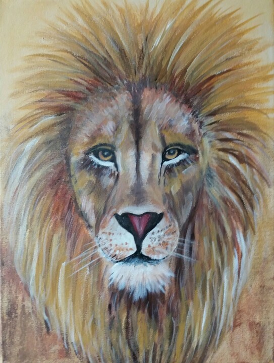 Painting titled "Lion - paiting" by Mari Husár, Original Artwork, Acrylic Mounted on Wood Stretcher frame