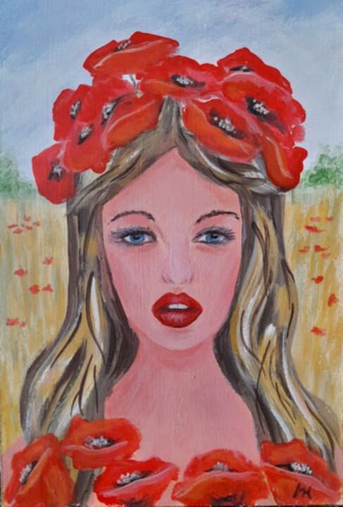 Painting titled "Poppies in the hair" by Mari Husár, Original Artwork, Acrylic Mounted on Cardboard