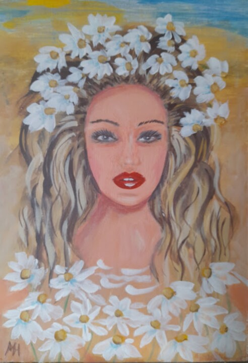 Painting titled "Flowers in hair" by Mari Husár, Original Artwork, Acrylic Mounted on Cardboard