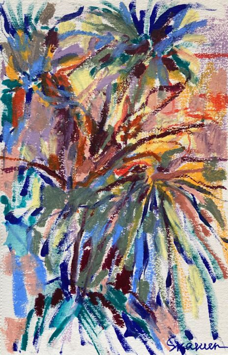 Drawing titled "palm trees at sunset" by Mari Skakun, Original Artwork, Pastel