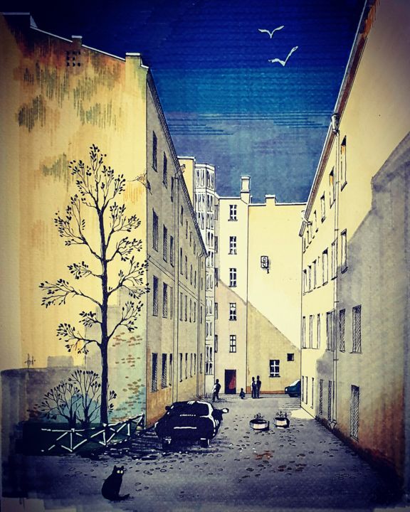 Painting titled "St.Petersburg's yard" by Мariya Gromova, Original Art, Marker