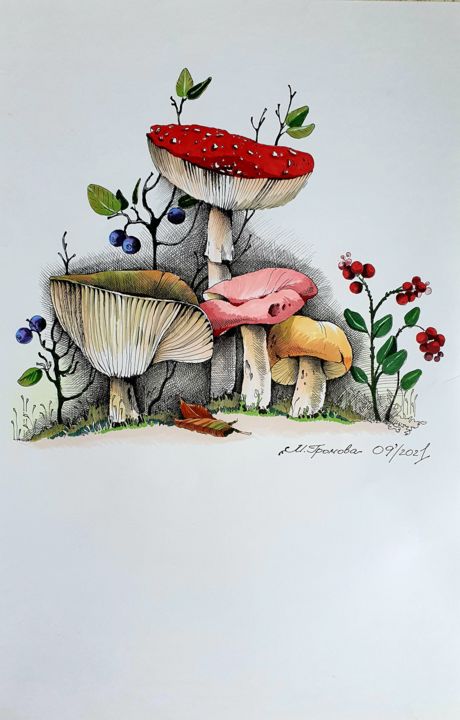 Картина под названием "Autumn mushrooms" - Мariya Gromova, Подлинное произведение искусства, Маркер