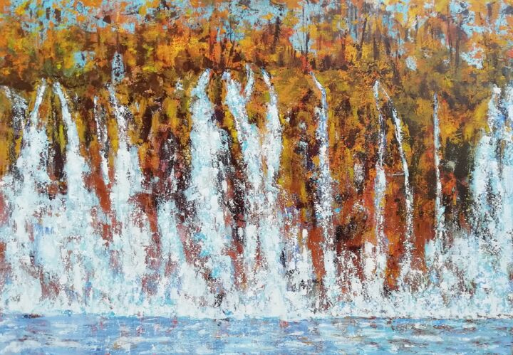 Painting titled "Waterfall" by Maria Barchan, Original Artwork, Acrylic Mounted on Wood Stretcher frame