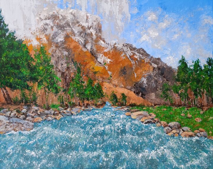 Painting titled "Mountain river" by Maria Barchan, Original Artwork, Acrylic Mounted on Wood Stretcher frame