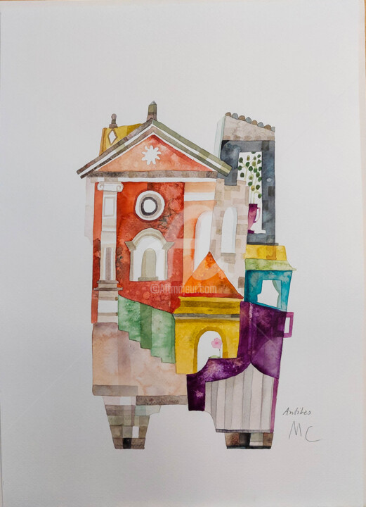 Painting titled "Cathedrale d'Antibes" by Maria C. Bernhardsson, Original Artwork, Watercolor Mounted on Cardboard