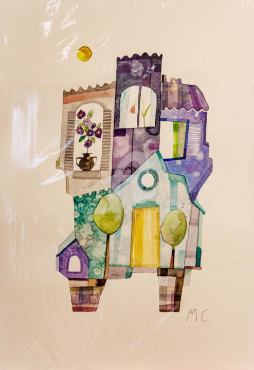 Painting titled "Maison Violette" by Maria C. Bernhardsson, Original Artwork, Watercolor Mounted on Cardboard