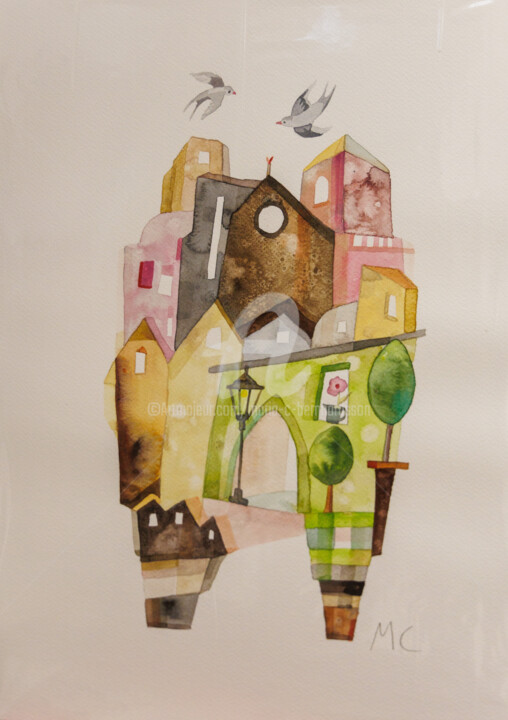Painting titled "Love Birds Antibes" by Maria C. Bernhardsson, Original Artwork, Watercolor Mounted on Cardboard