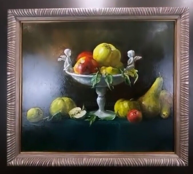 Painting titled "Яблоки в вазе" by Mariia Chepik, Original Artwork, Oil Mounted on Wood Panel