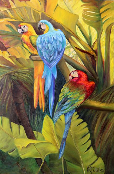 Painting titled "Perroquets.jpg" by Marie Cutillas, Original Artwork, Oil
