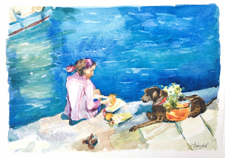 Pintura intitulada "Watercolor seascape…" por Maria Delendik, Obras de arte originais, Aquarela