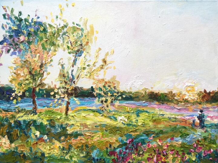 Painting titled "May  sunset landsca…" by Maria Delendik, Original Artwork, Oil Mounted on Wood Stretcher frame