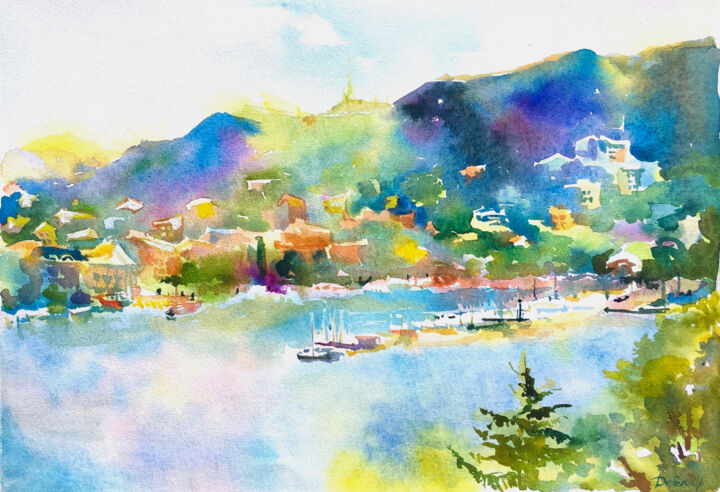 Painting titled "Seaport view waterc…" by Maria Delendik, Original Artwork, Watercolor