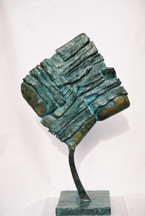 Skulptur mit dem Titel "la-feuille-avec-tit…" von Maria Elena Thiery, Original-Kunstwerk, Metalle