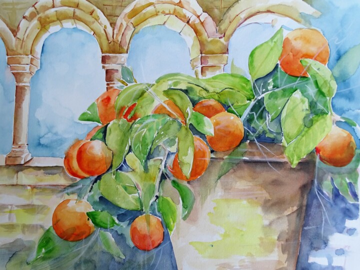 Painting titled "Orangen" by Maria Földy, Original Artwork, Watercolor