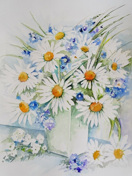 Painting titled "Margeriten" by Maria Földy, Original Artwork, Watercolor