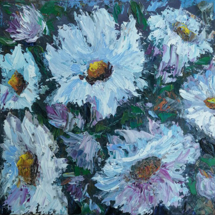Painting titled "Daisy" by Maria Galan, Original Artwork, Oil Mounted on Wood Stretcher frame