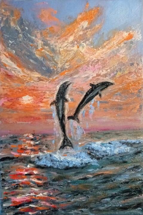 Schilderij getiteld "Dolphins" door Maria Galan, Origineel Kunstwerk, Olie Gemonteerd op Frame voor houten brancard