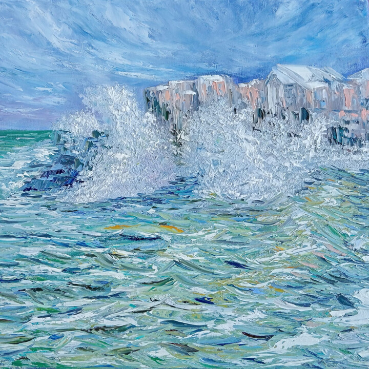 Painting titled "Stormy sea" by Maria Galan, Original Artwork, Oil Mounted on Wood Stretcher frame
