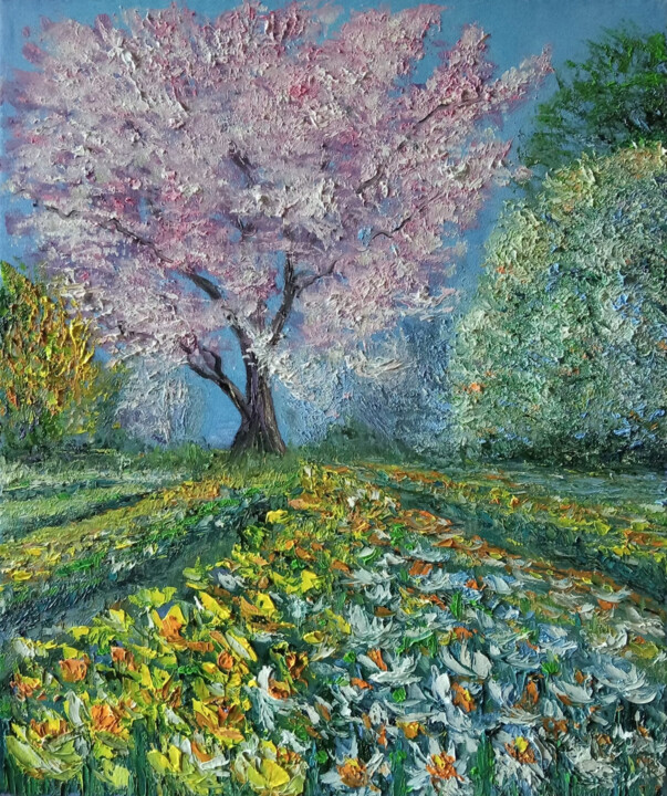 Painting titled "Flowering tree" by Maria Galan, Original Artwork, Oil Mounted on Wood Stretcher frame