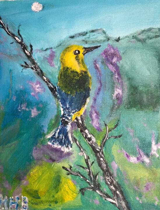 Painting titled "L’oiseau jaune sur…" by Maria Helena Benier - De Macedo, Original Artwork, Acrylic