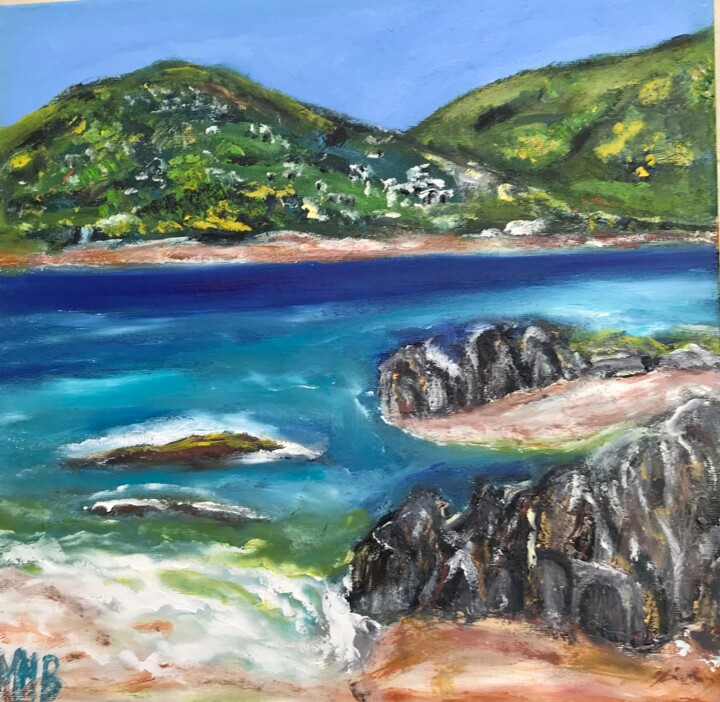 Painting titled "Roches en mer" by Maria Helena Benier - De Macedo, Original Artwork, Oil