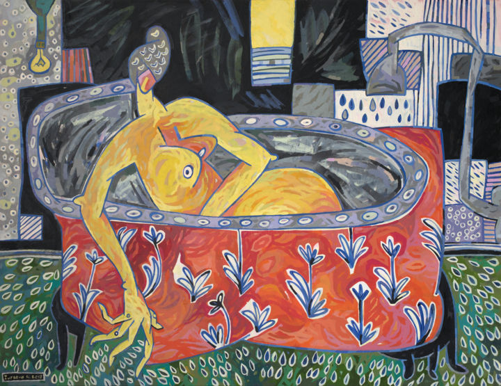 Painting titled "Relaxing aroma bath" by Maria Iurkova, Original Artwork, Oil Mounted on Wood Stretcher frame