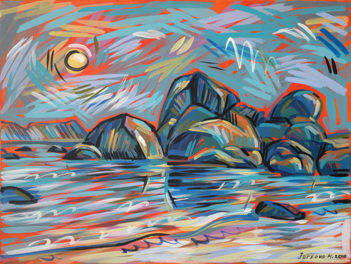 Painting titled "Sea rocks at sunset" by Maria Iurkova, Original Artwork, Acrylic Mounted on Wood Stretcher frame
