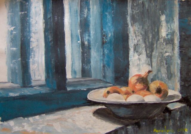 Painting titled "Nature morte aux oi…" by Maria Karalyos, Original Artwork, Acrylic
