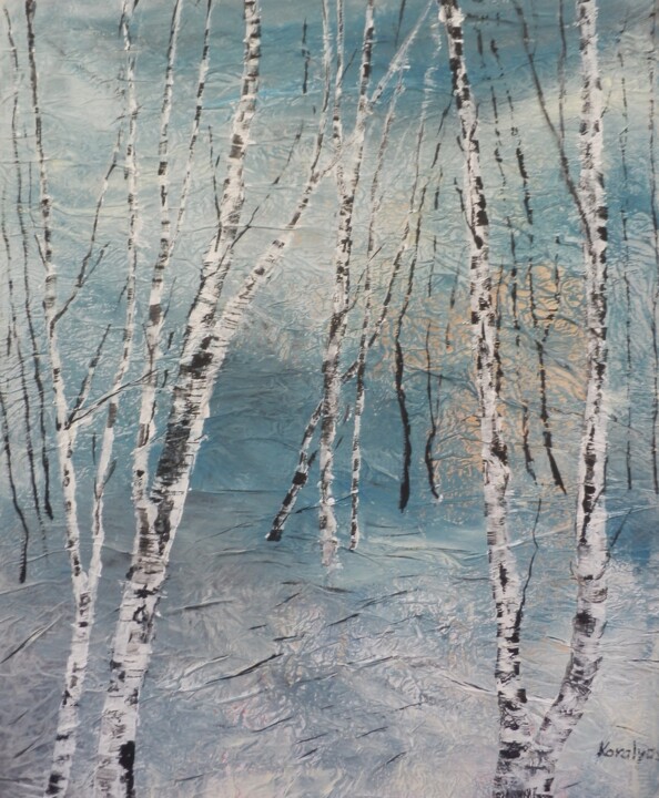 Peinture intitulée "Cluster of birches" par Maria Karalyos, Œuvre d'art originale, Acrylique