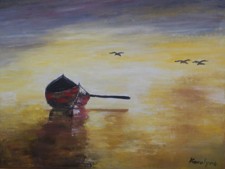 Painting titled "Boat at sunset" by Maria Karalyos, Original Artwork, Oil