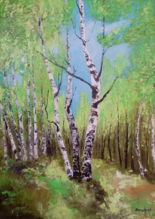 Painting titled "Spring birches" by Maria Karalyos, Original Artwork, Oil