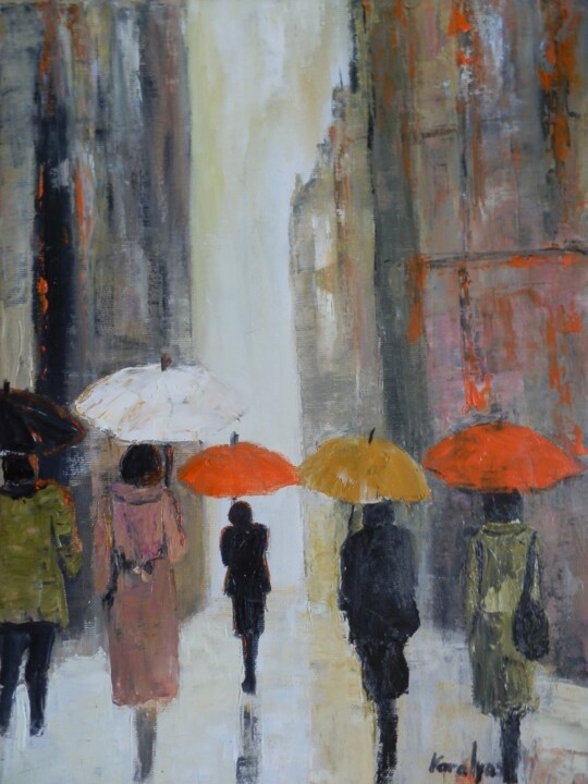 Painting titled "The umbrellas" by Maria Karalyos, Original Artwork, Oil