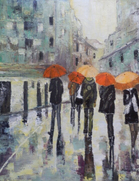 Painting titled "Under umbrellas" by Maria Karalyos, Original Artwork, Oil