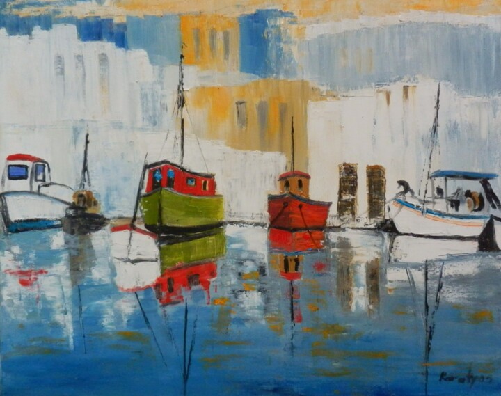 Painting titled "Greece harbour" by Maria Karalyos, Original Artwork, Oil