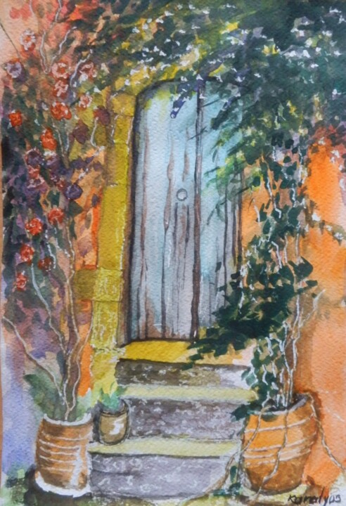 Painting titled "The door" by Maria Karalyos, Original Artwork, Watercolor