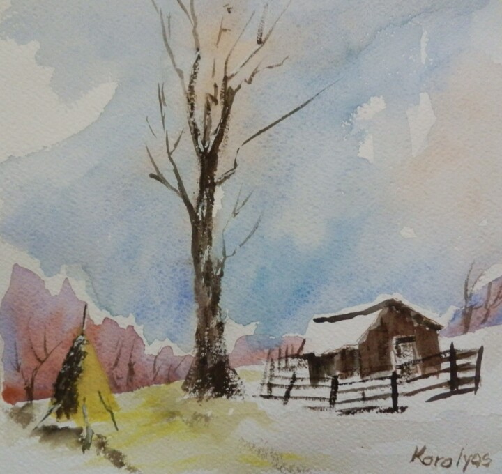 Painting titled "Winter landscape" by Maria Karalyos, Original Artwork, Watercolor
