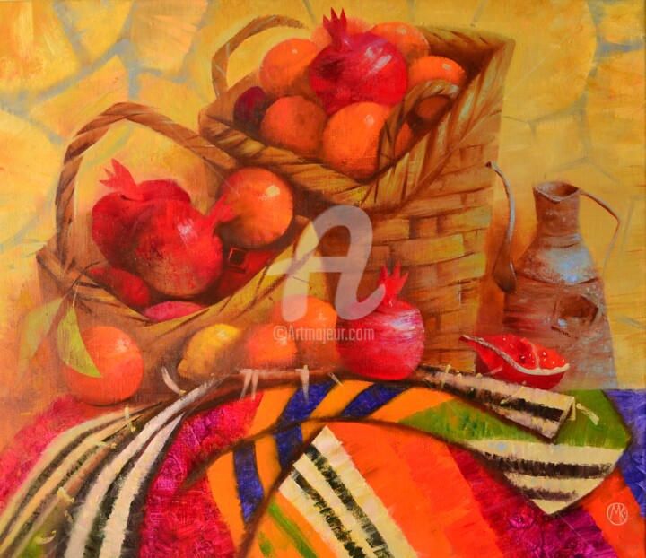Painting titled "Pomegranates" by Maria Kniazeva, Original Artwork, Oil Mounted on Wood Stretcher frame