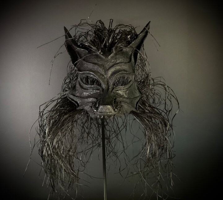 Sculpture titled "Máscara Cadejo negro" by Maria Larromana, Original Artwork, Paper maché