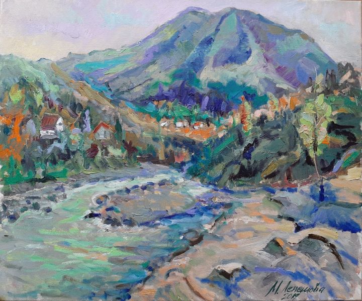 Картина под названием "Горная река" - Mariia Lemeshova, Подлинное произведение искусства, Масло Установлен на Деревянная рам…