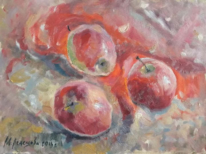 Картина под названием "Яблоки на красном" - Mariia Lemeshova, Подлинное произведение искусства, Масло
