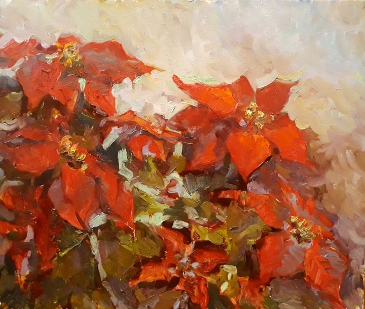 Peinture intitulée "Рождественская пуан…" par Mariia Lemeshova, Œuvre d'art originale, Huile