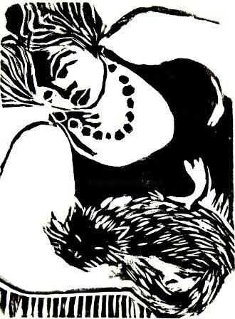 Estampas & grabados titulada "Mulher com gato" por Maria Lucia Pacheco, Obra de arte original, Xilografía