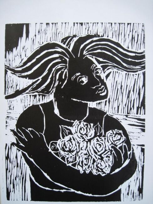 Printmaking titled "Menina com rosas" by Maria Lucia Pacheco, Original Artwork, Xylography