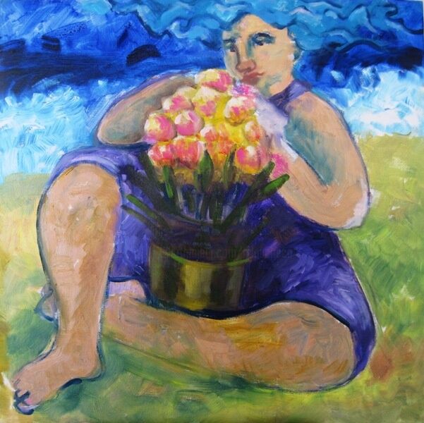 Schilderij getiteld "Na praia, com flore…" door Maria Lucia Pacheco, Origineel Kunstwerk, Olie