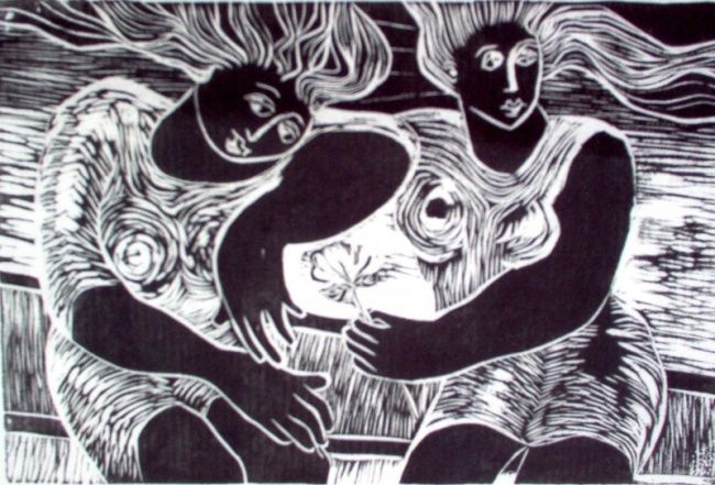 「Comadres」というタイトルの製版 Maria Lucia Pachecoによって, オリジナルのアートワーク, Linocuts