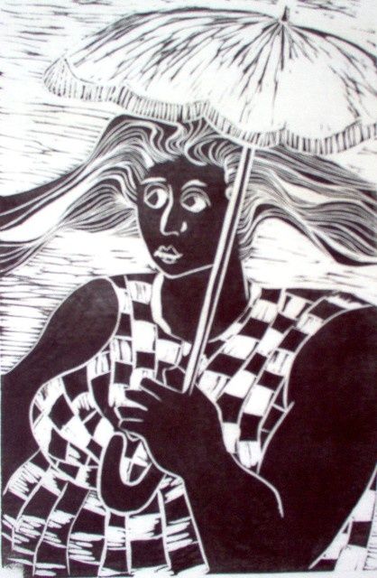 Printmaking titled "Mulher com sombrinha" by Maria Lucia Pacheco, Original Artwork, Linocuts