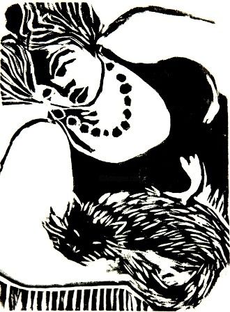 「Mulher com gato」というタイトルの製版 Maria Lucia Pachecoによって, オリジナルのアートワーク, 木版画