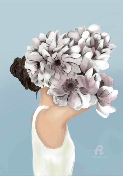 Arte digital titulada "Flowergirl / Blue" por Maria Lundsten, Obra de arte original, Impresión digital