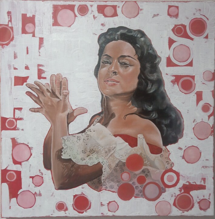Painting titled "Lola Flores" by María Mateo, Original Artwork, Oil Mounted on Wood Stretcher frame