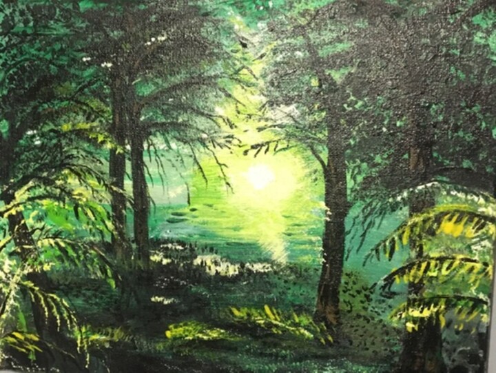 Malarstwo zatytułowany „Las o wschodzie sło…” autorstwa Maria Matyasek, Oryginalna praca, Akryl